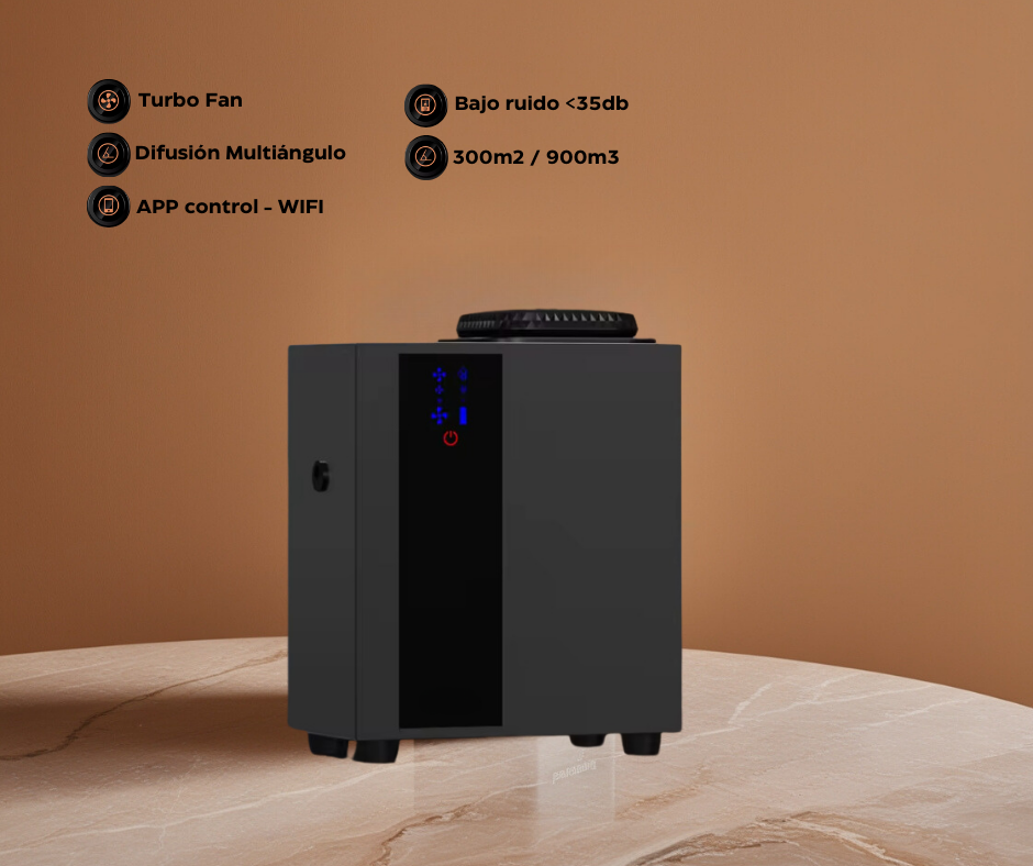 Difusor profesional A300 gris con panel digital, control WIFI por APP y cobertura de 300m2 para aromaterapia.