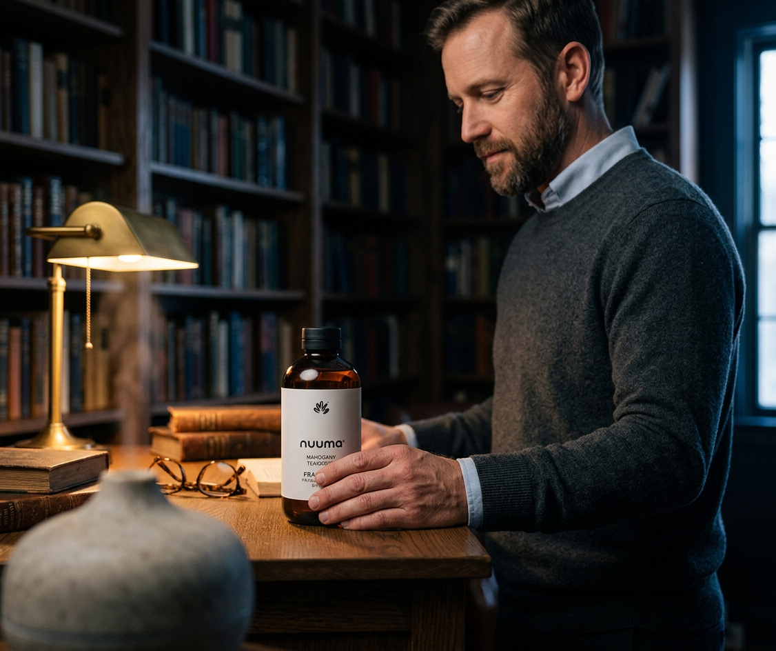 Hombre adulto con barba sosteniendo una botella de difusor Mahogany Teakwood en una biblioteca.