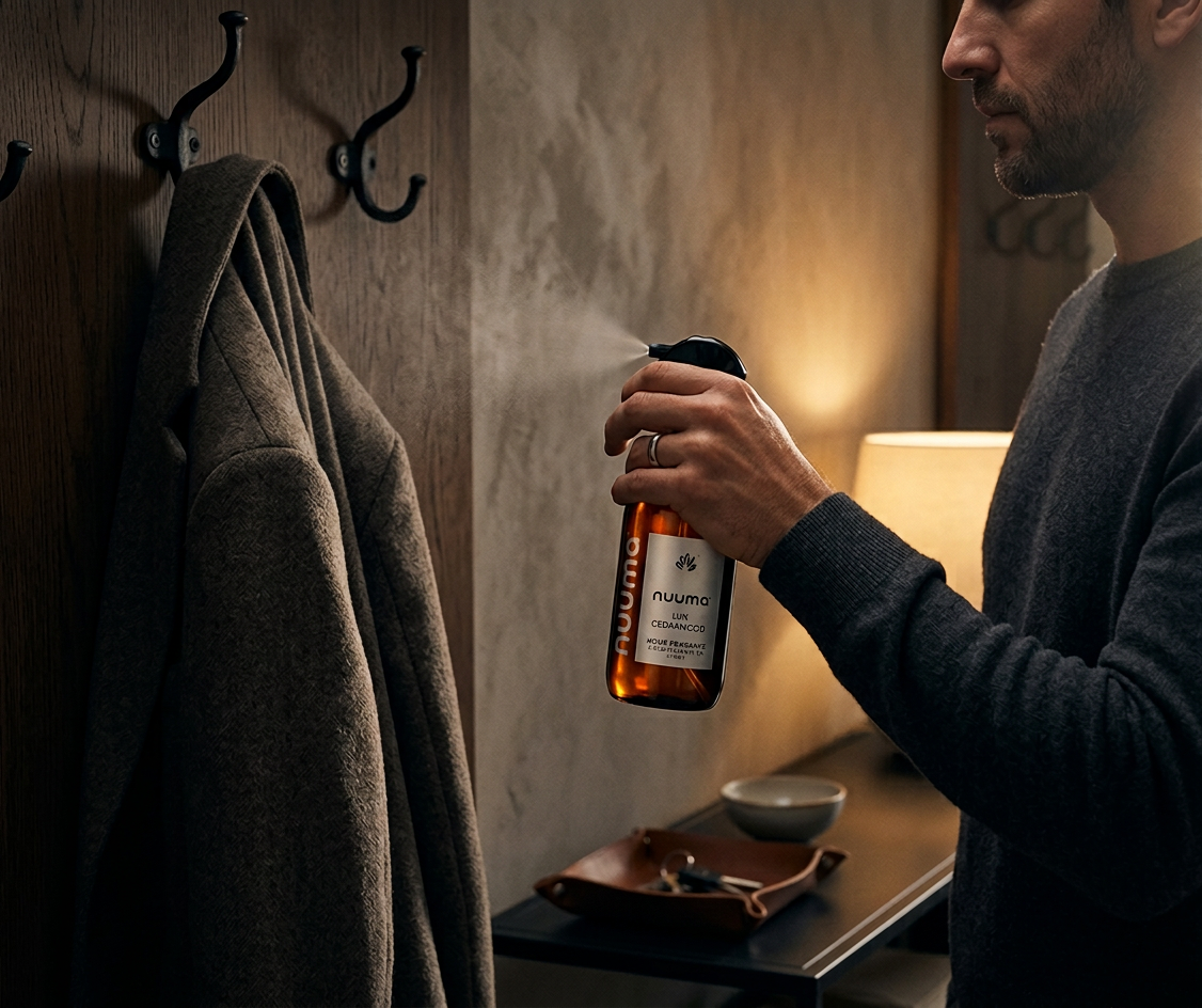Hombre rociando Lux Cedarwood, un aromatizante amaderado, en un abrigo colgando en un vestíbulo acogedor.