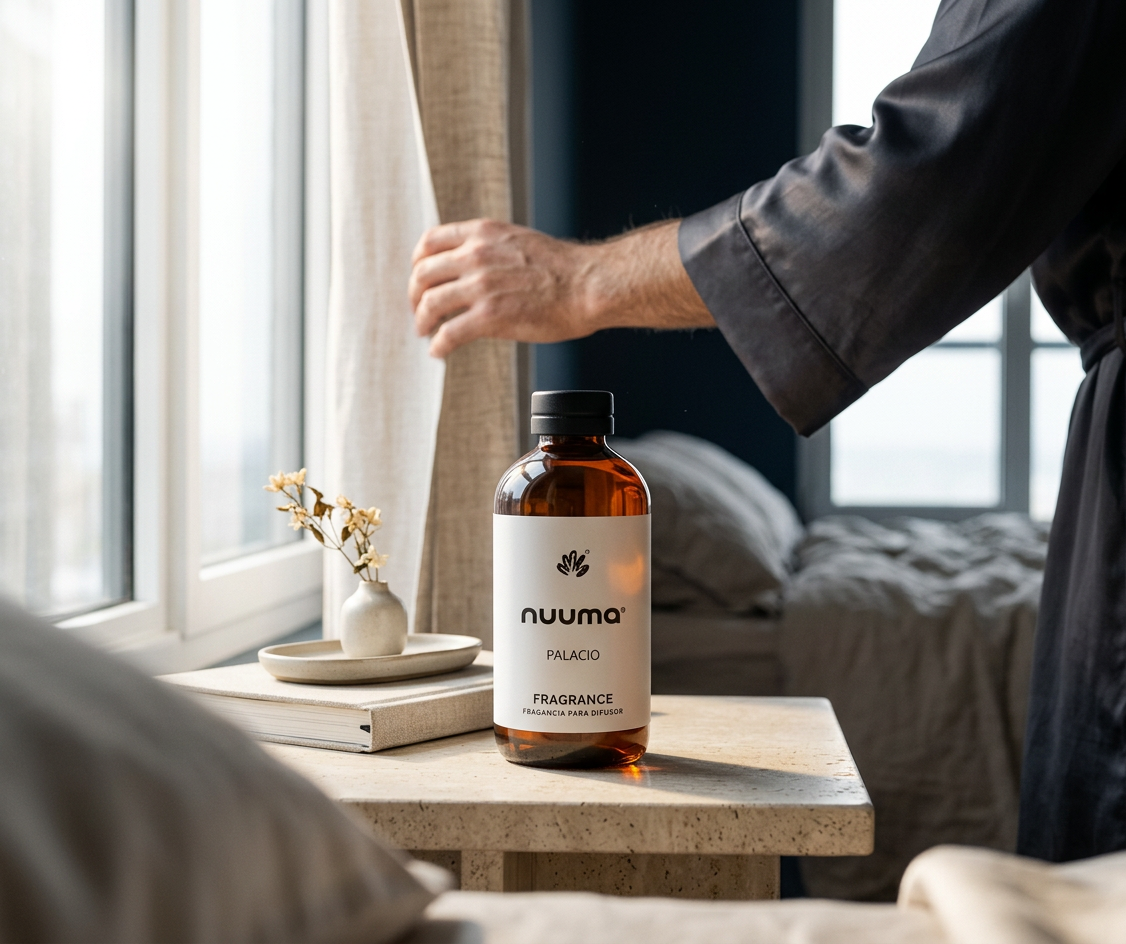 Botella de Fragancia Palacio de nuuma en mesa, con hombre abriendo cortina al fondo en un dormitorio.