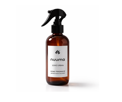 Aromatizante en spray Soho Urban de Nuuma, botella ámbar con atomizador negro para hogar y oficina.